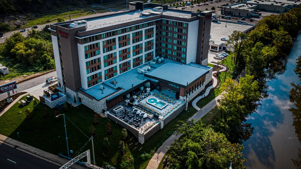 Aerial drone shot of a luxury pool in a Gatlinburg hotel